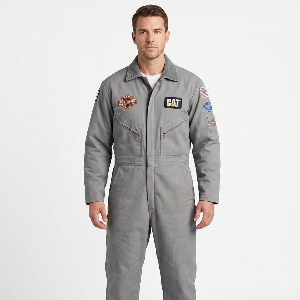 Walls Blizzard Pruf Coveralls Mens Grey Harley CAT Chevy Patches Workwear 6519
